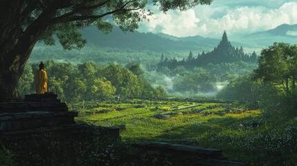 Monk Contemplating Temple Amidst Lush Greenery and Mist