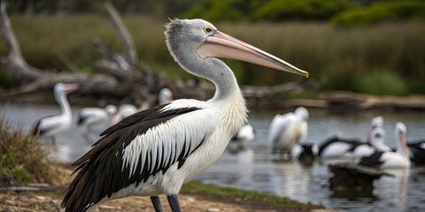 A pelican with striking black and white feathers sits peacefully near the water, basking in daylight. Other birds can be seen in the background, creating a serene wetland atmosphere