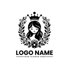 Floral beauty emblem, elegant crowned girl vector logo for luxury, fashion, and feminine branding