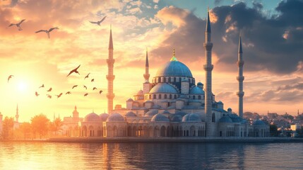 Fototapeta premium Majestic Mosque at Sunset with Birds Flying Over Calm Water