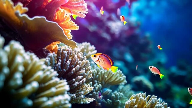 Kleine tropische Fische schwimmen durch ein Korallenriff