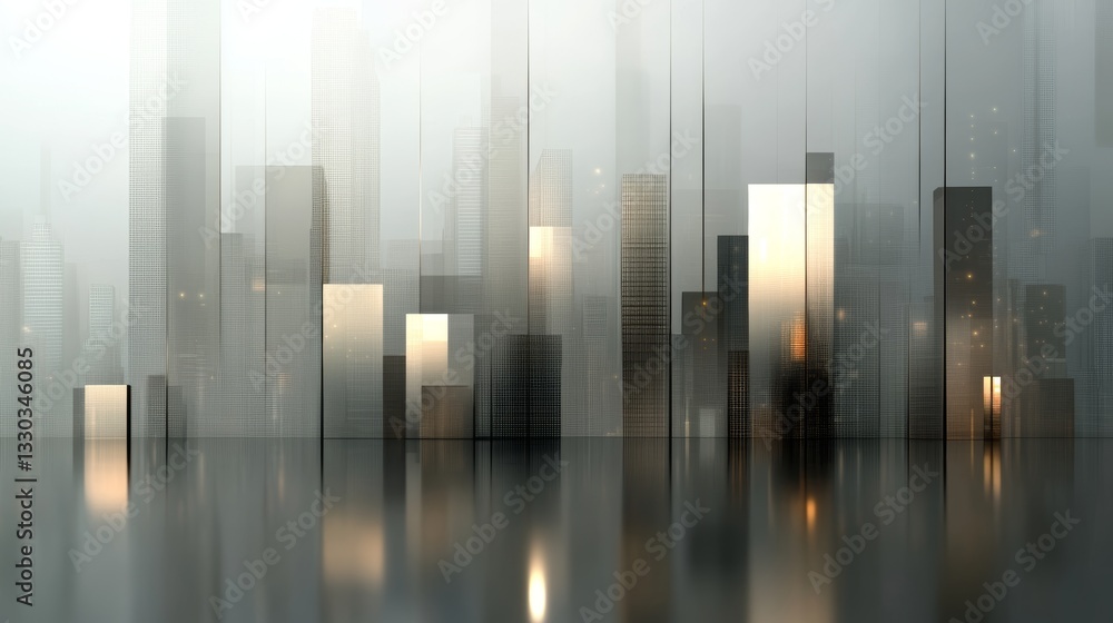 Poster abstract representation of a modern city skyline with sharp lines and illuminated highlights symboli