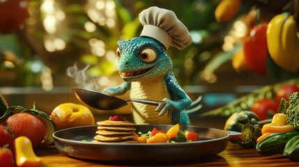Lizard chef prepares a healthy breakfast