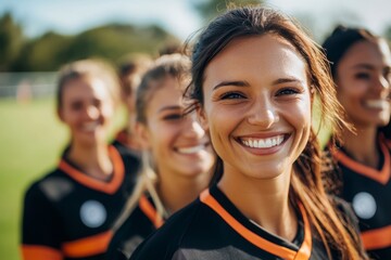a happy female soccer team in uniform, standing on the field and smiling at the camera