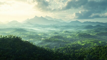 Fototapeta premium Green Mountain Range with Mist Landscape at Sunrise Aerial View