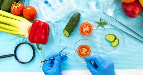 laboratory testing of different food products. Selective focus.