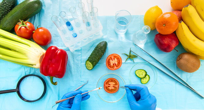 laboratory testing of different food products. Selective focus.