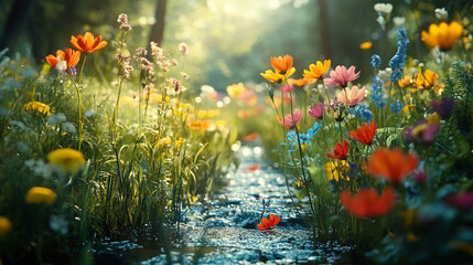 Vibrant wildflowers blooming along a sparkling stream in a lush green meadow bathed in sunlight