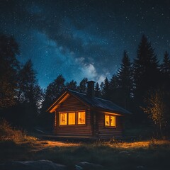 Illuminated cabin in a starlit forest at night.