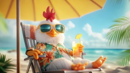 Cartoon chicken relaxing on beach, sipping drink under umbrella
