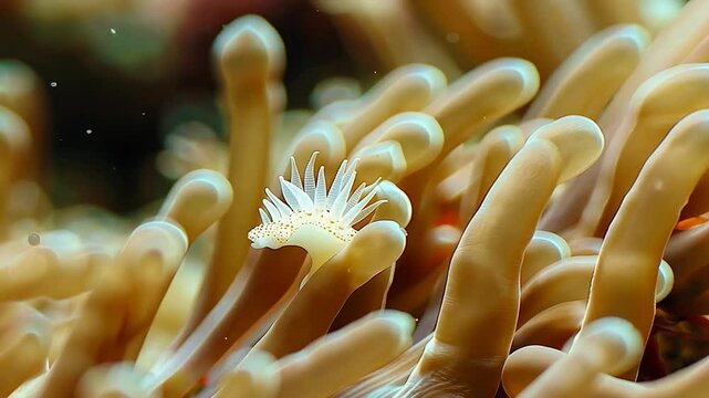 Anemonen mit zarten wei&szlig;en Tentakeln unter Wasser