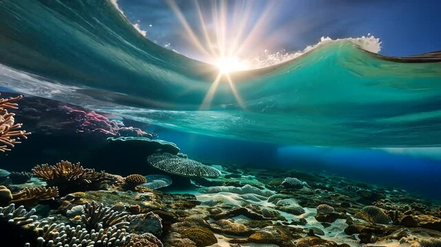 Ein st&uuml;rmischer Ozean mit Korallen unter Wasser