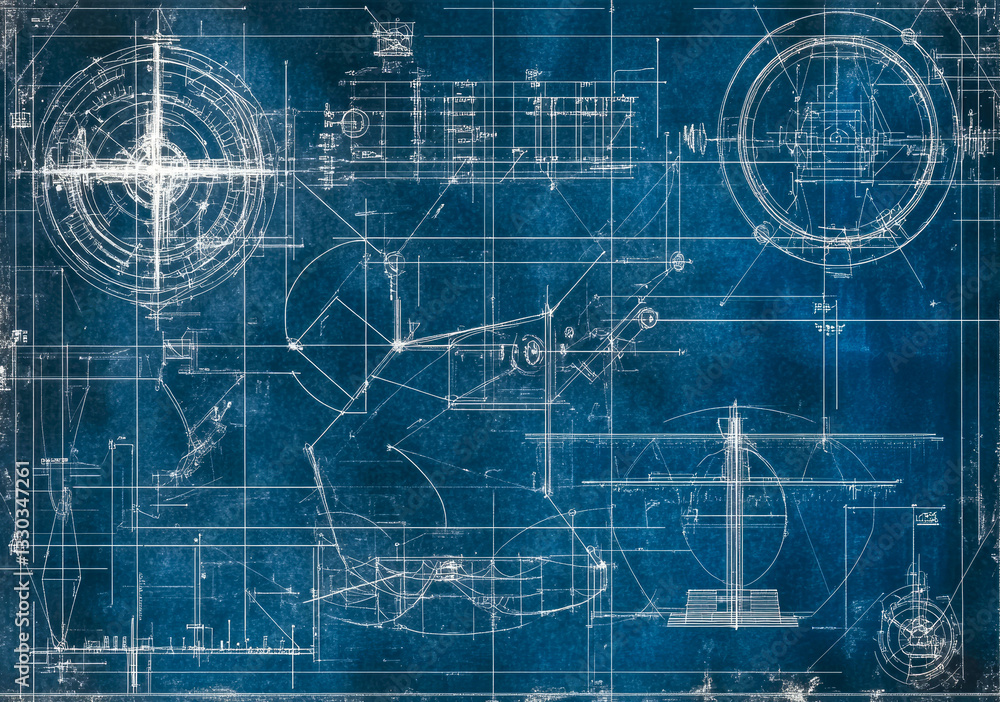 Poster a schematic representation showcasing an innovative engine design with precise measurements and arti