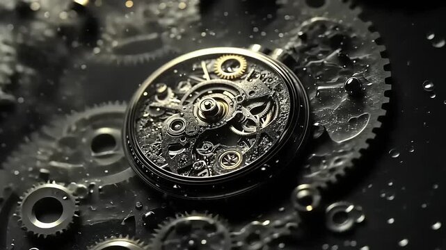 Intricate close-up of a vintage mechanical watch movement against a textured background