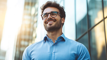 Obraz premium A cheerful man wearing glasses is captured in an urban environment, representing confidence, success, and optimism in modern life.
