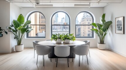 Modern office meeting room, city view, plants, wood floor