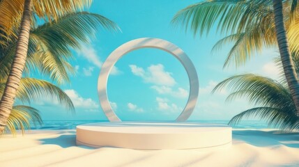 Minimalist pedestal display on sandy beach with palm trees and a circle archway, ideal for product presentation