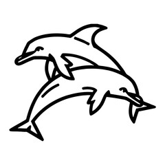 Minimalist Two Dolphins Full Body in Simple Black and White Outline Line Art Drawing Style Design