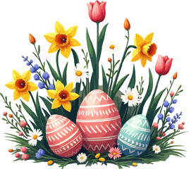 Colorful Easter Eggs in Spring Flowers – Festive Vector Illustration for Holiday and Seasonal Designs