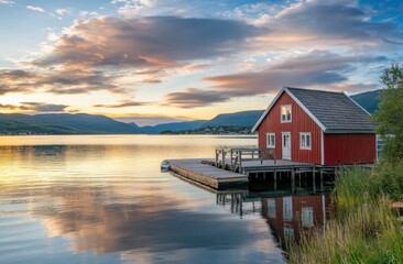 Obraz premium A red house by the water with a wooden dock and a sunset sky in Norway, Europe. Beautiful landscape scenery