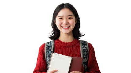 Young student smiling while holding books in a cozy indoor setting during the afternoon