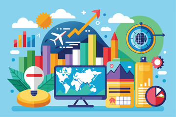 A vibrant presentation illustrating travel industry data through graphs, charts, and a global map backdrop, Travel business data presentation trending