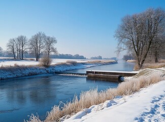 River in Winter Scenery with Snow Covered Banks and Trees