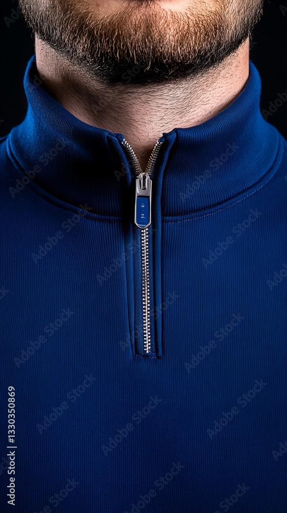 Poster man wears a blue zip up sweater with a silver zipper extending from the collar down against a dark b