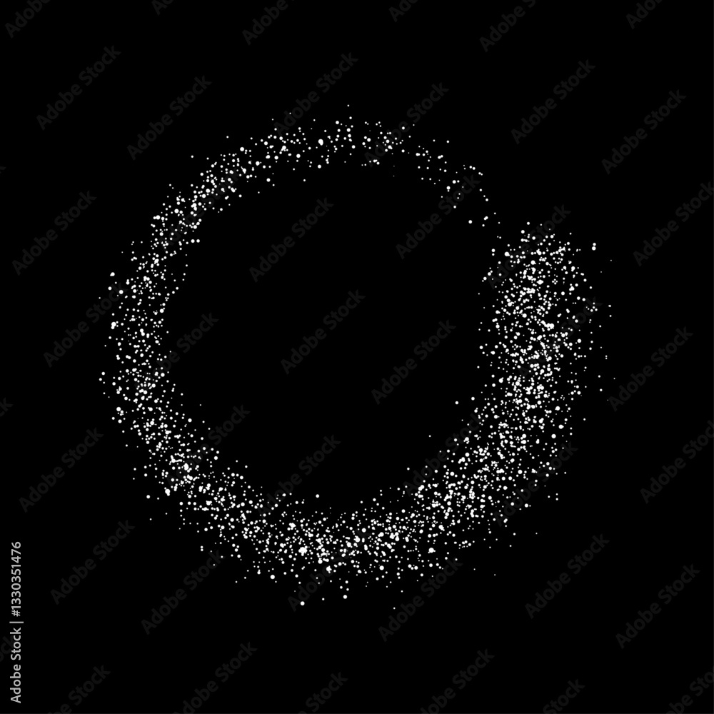 Poster white flour powder round frame isolated on black background with copy space. shiny ring of silver co