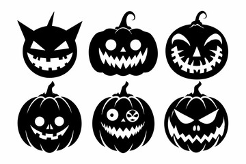scary and funny faces of halloween pumpkin set line art silhouette vector illustration