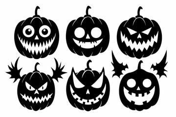 scary and funny faces of halloween pumpkin set line art silhouette vector illustration