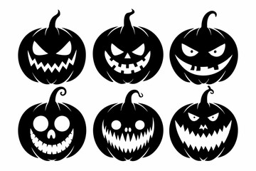 scary and funny faces of halloween pumpkin set line art silhouette vector illustration