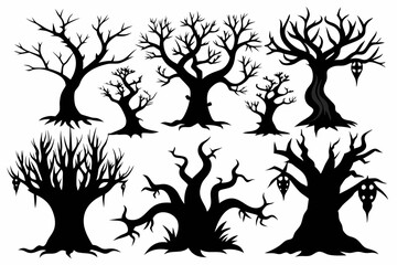 spooky trees set line art silhouette vector illustration