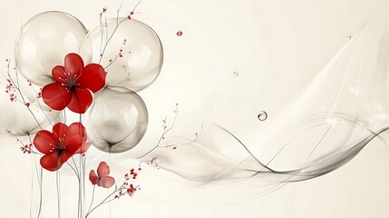 Red flowers and glass spheres on a soft abstract background