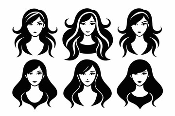 woman long hair icon set line art silhouette vector illustration