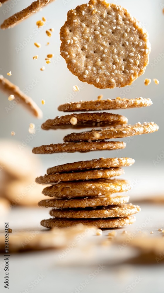 Poster wholegrain seeded crackers falling from above, creating a dynamic display on a white background with