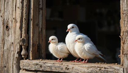 Three charming white birds, including two chicks, sit on a rustic wooden window sill, enjoying the warm sunlight in a tranquil setting, portraying a peaceful moment in nature