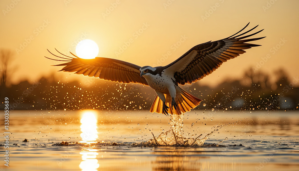 Poster a bird takes off from the surface of a tranquil lake during sunset, creating splashes and ripples in
