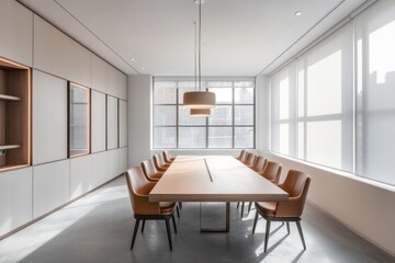 Fototapeta premium Modern minimalist conference room with large windows and wooden table.