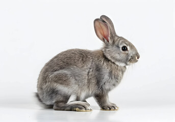 Obraz premium Cute Gray Baby Rabbit, Isolated on White Background - Side View, Studio Shot