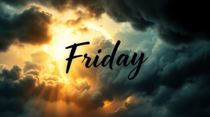 Fototapeta premium Friday Text Overlay on a Dramatic Sky with Clouds and Sunlight