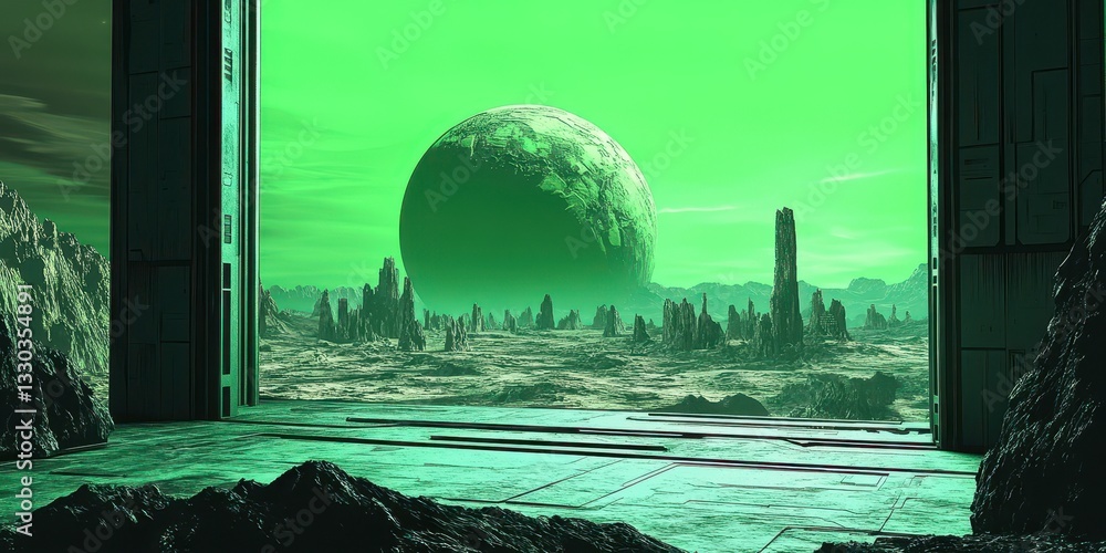 Poster the viewport reveals an alien planet with a large celestial sphere