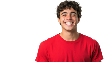Smiling young man in bright red shirt expressing joy and positivity in a cheerful environment with a plain white background