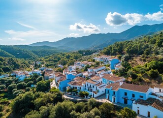 Fototapeta premium Aerial View of Juzcar Village Amidst Green Hills on a Sunny Day