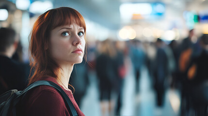 Fototapeta premium Woman looking lost in an airport. International travel; travel safety