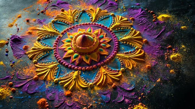 Bright and intricate rangoli artwork used in Indian festivals for decoration and cultural celebration, viewed from above.
