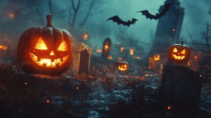 Fototapeta premium A graveyard scene with glowing Jack-o'-lanterns, crooked tombstones, and bats flying overhead