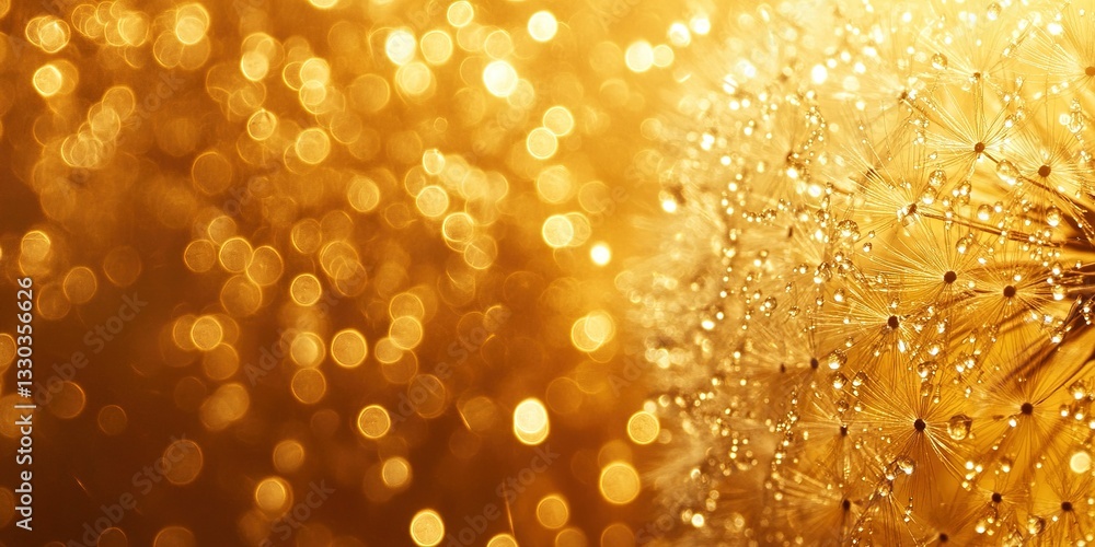 Poster close-up view of dandelion seeds illuminated by golden sunlight creating a sparkling background