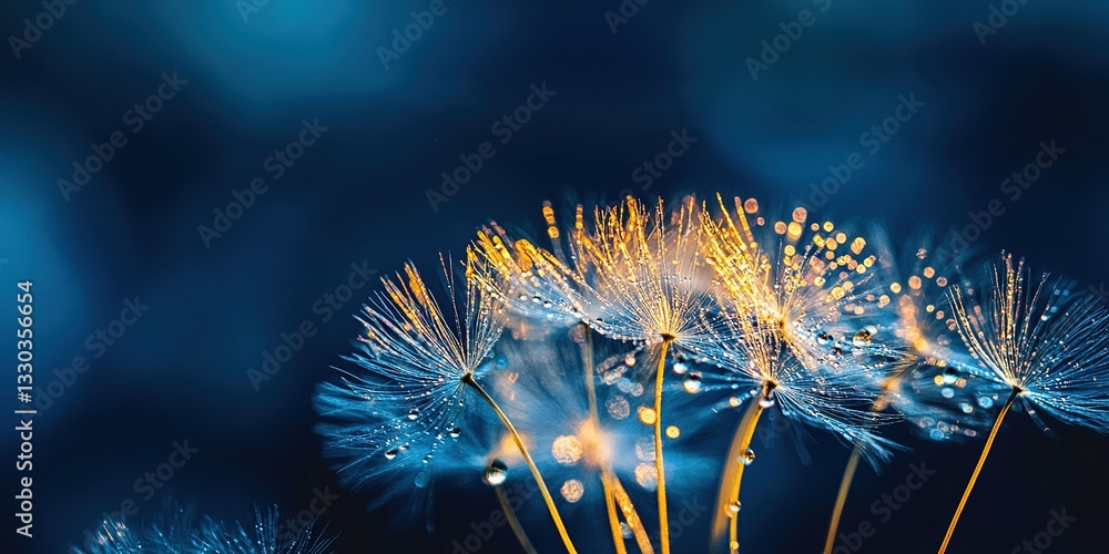 Poster delicate dandelion seeds glisten in the soft light of dawn, capturing droplets of water and creating