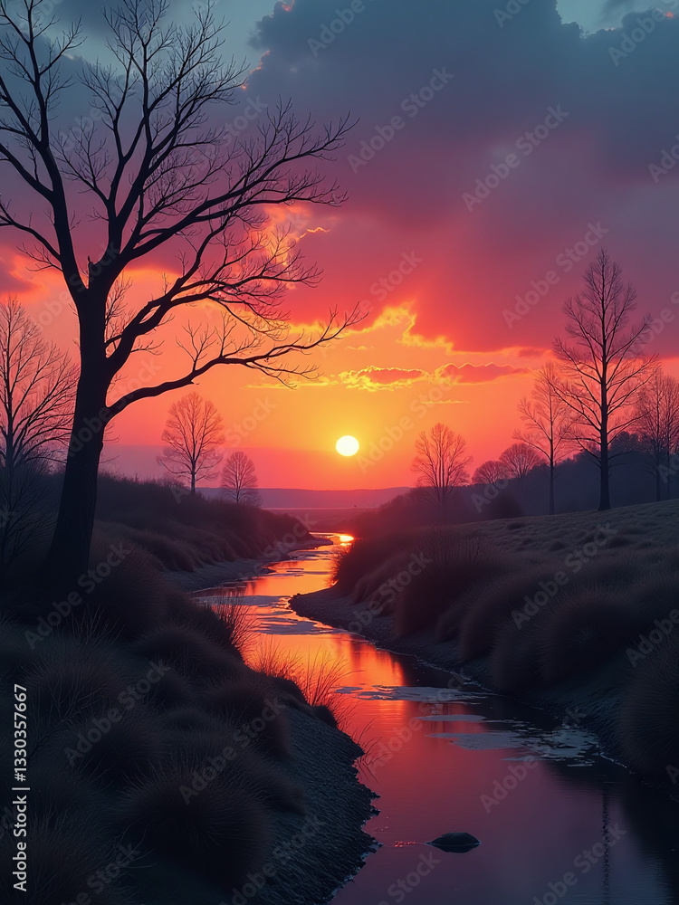 Poster dawn brings colorful emergence from bleak landscape as dark shadows surrender to gentle warmth of ri